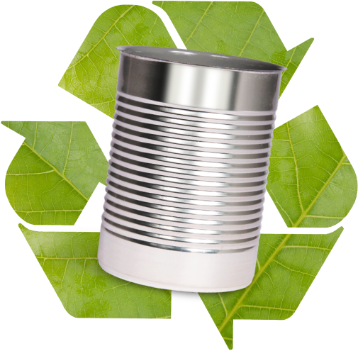 Steel can with green recycle logo in background